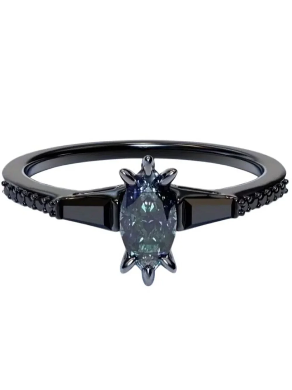 Marquise Cut Alexandrite Engagement Wedding Stacked 2 Ring Set in Rhodium
